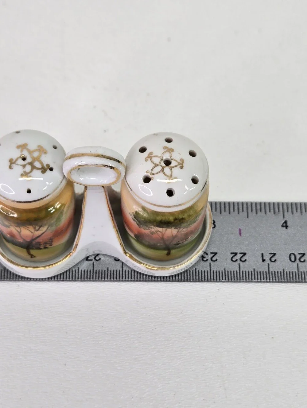 Antique Noritake Tree in Meadow Hand Painted Salt Pepper Shakers Set Caddy Japan